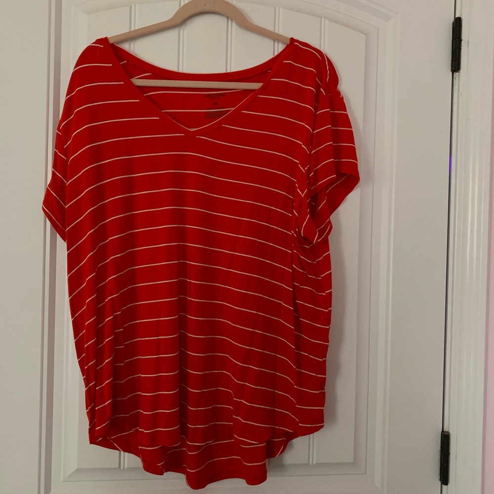 Red short sleeve t-shirt with white strips